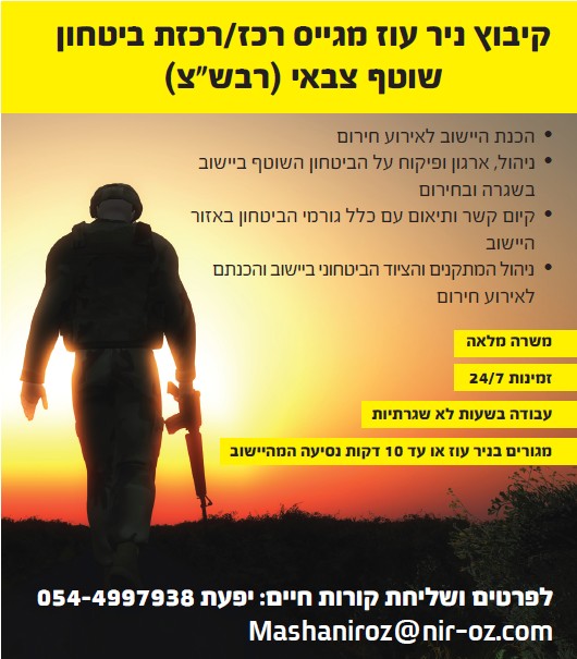 מודעה – 1 קיבוץ ניר עוז מגייס רכז/רכזת ביטחון שוטף צבאי (רבש"צ)